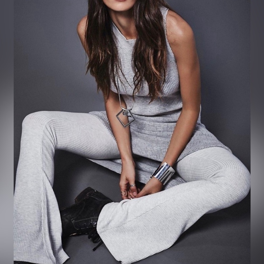 Free People Jenny Ribbed Flare Pull On Pant Heather Grey